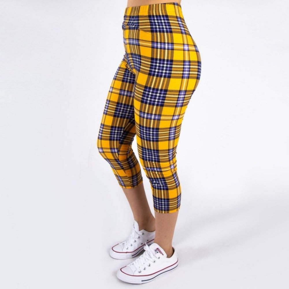 Game Day Yellow and Purple Plaid Capri Leggings
